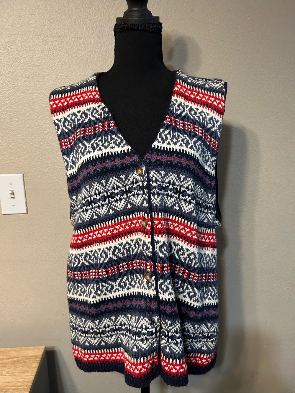 Vintage 90s Carolina Colours Women L Fair Isle Nordic Sweater Vest Button Front